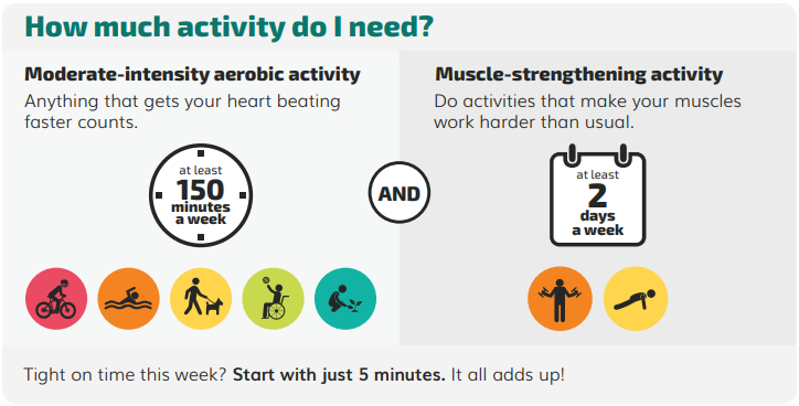 An infographic showing how much activity is recommended for adults per week