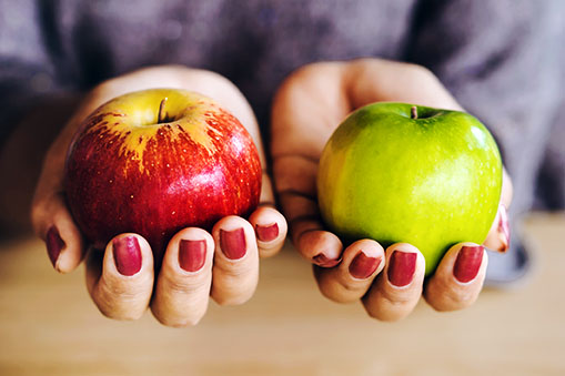 two hands touching a apple
