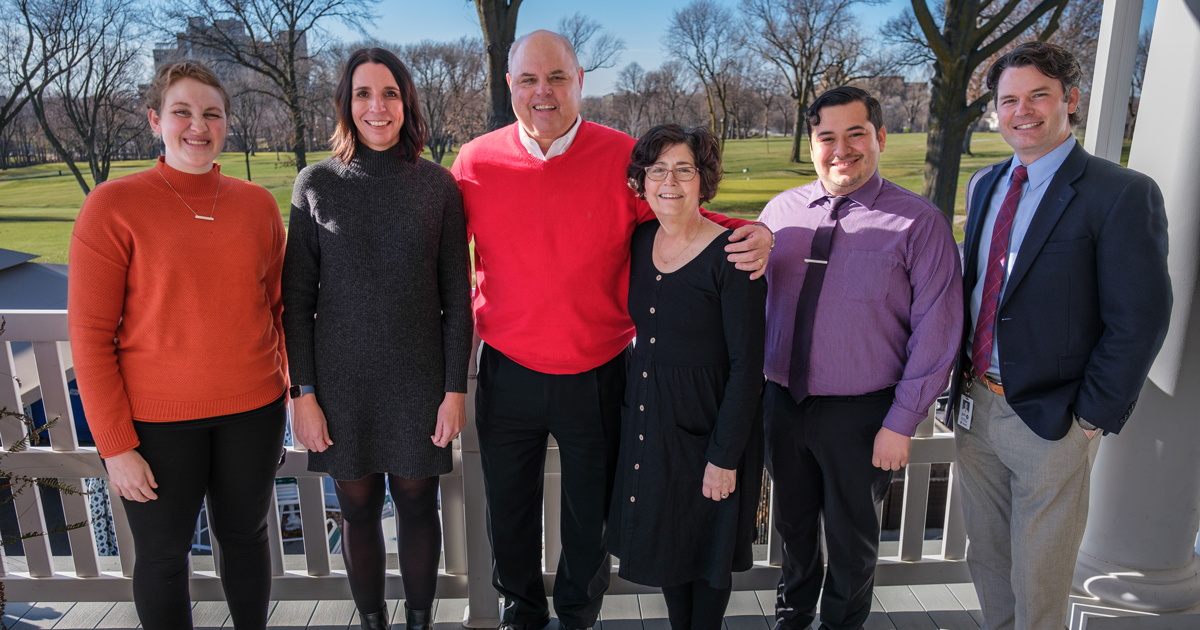 Pictured with Jim and Pam Gutschow (center) are Compassionate Care Award recipients (left to right) Lauren Sigmon, BSN, RN, Karen Roesler, RN, OCN, Juan Sanchez, certified nursing assistant, and Nathan Bennion, MD.