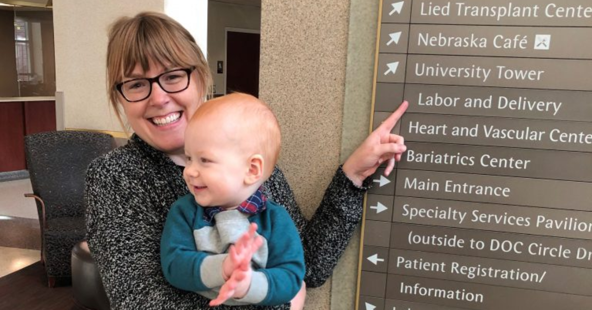 Cherney and her son, Hugo, make a visit to Nebraska Medical Center on his first birthday.