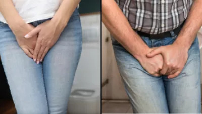 Close up of a man and woman holding their bladders